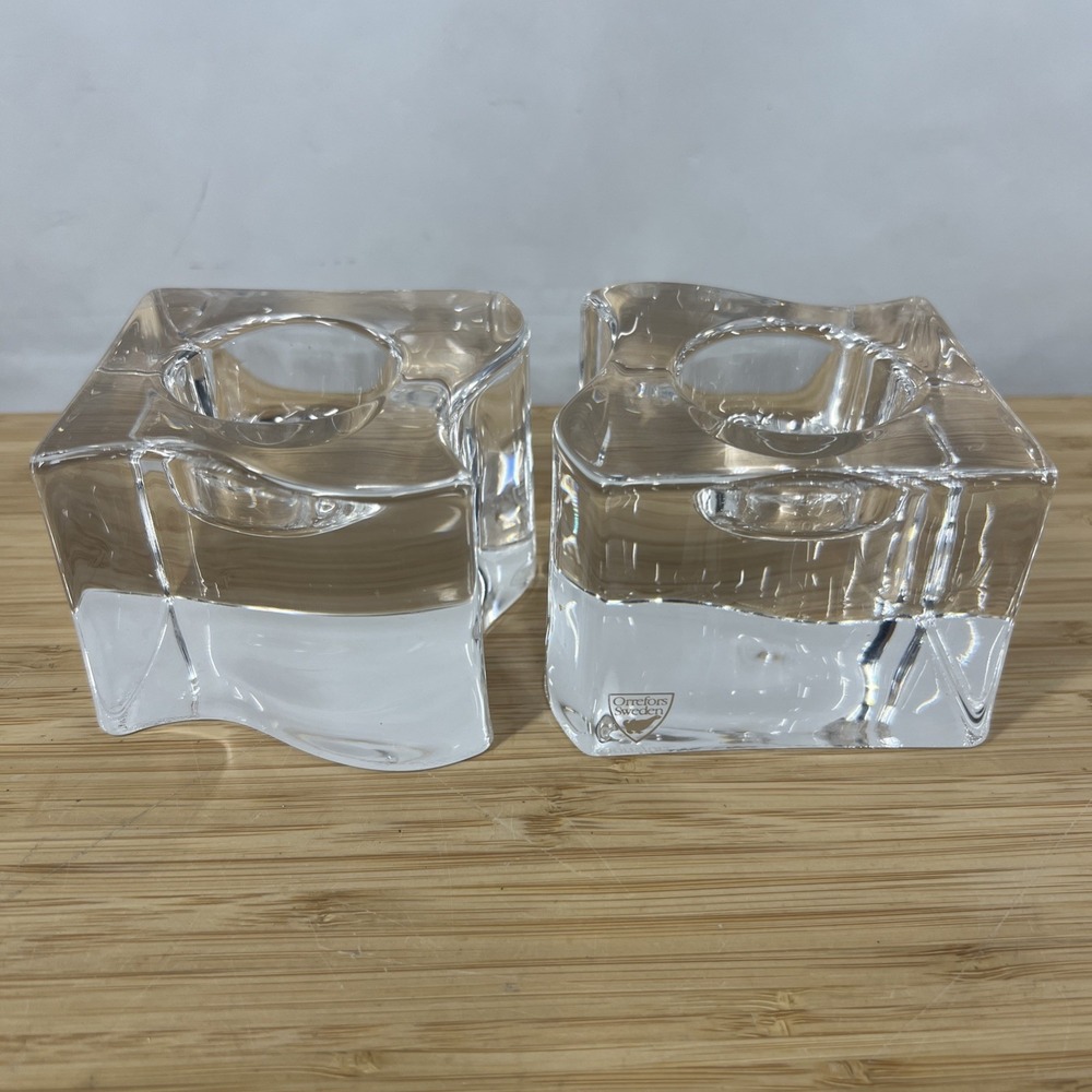 Vintage Orrefors Sweden Crystal Candle Holders Pair Square Votive Signed
